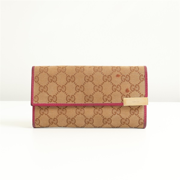 GUCCI 古馳 扣式長夾 棕色帆布 粉紅色牛皮 291099