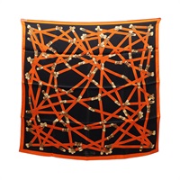 HERMES 愛馬仕 Tres Kelly Carre 70 方巾 黑/橘/金色 絲綢