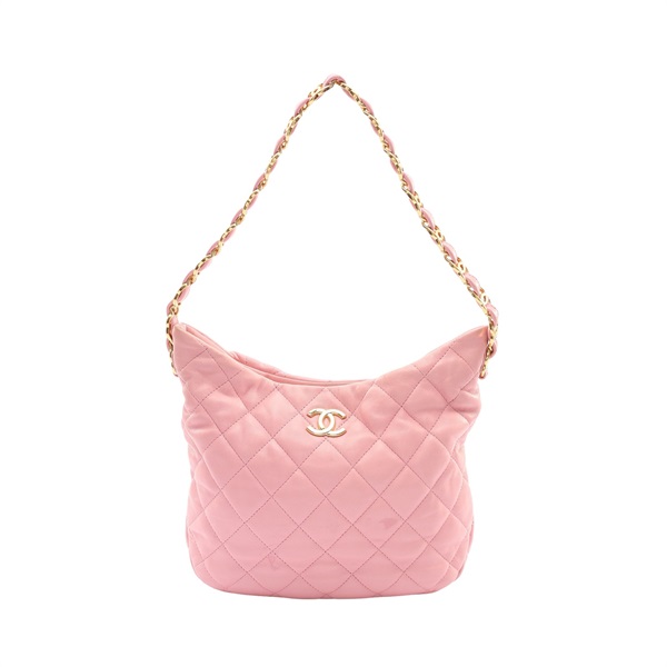 CHANEL 香奈兒 Hobo 鍊帶 肩背包 粉色 菱格紋 牛皮 AS3562