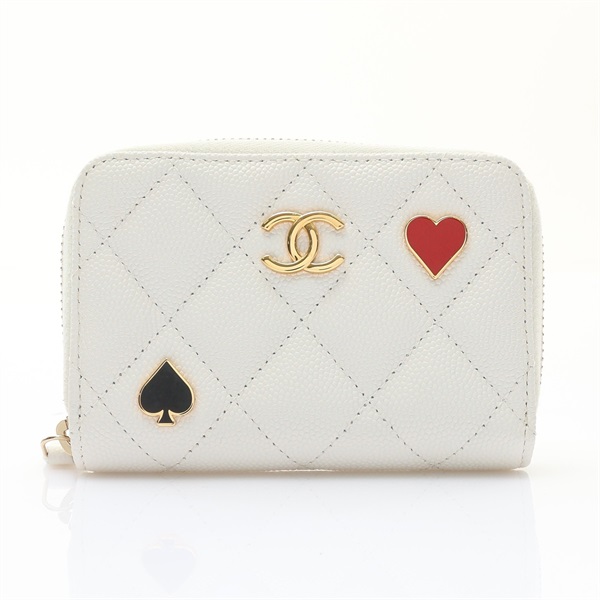 CHANEL 香奈兒 Coco Casino 拉鍊 零錢包 白色 荔枝紋 牛皮 金扣 AP3082