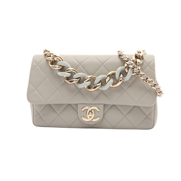 CHANEL 香奈兒 Elegant 鍊帶 兩用包 灰色 羊皮 金扣 AS1354