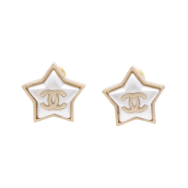 CHANEL 香奈兒 CC 星形 針式耳環 白色樹脂 金色鍍金