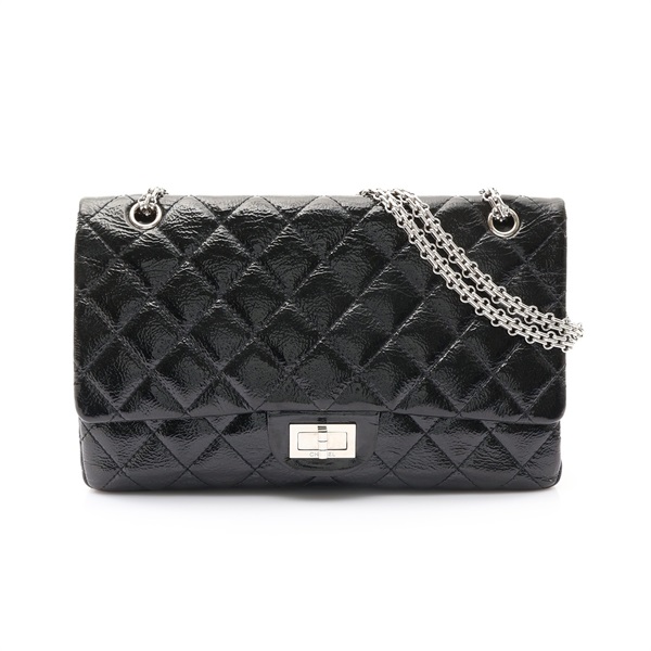 CHANEL 香奈兒 2.55 Large 鍊帶肩背包 黑色 菱格紋漆皮 銀扣 A37587