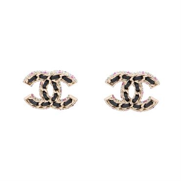 CHANEL 香奈兒 雙C 耳環 水鑽 黑色牛皮 金色鍍金