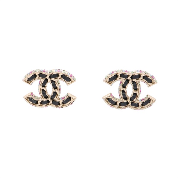 CHANEL 香奈兒 雙C 耳環 水鑽 黑色牛皮 金色鍍金