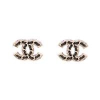 CHANEL 香奈兒 雙C 耳環 水鑽 黑色牛皮 金色鍍金