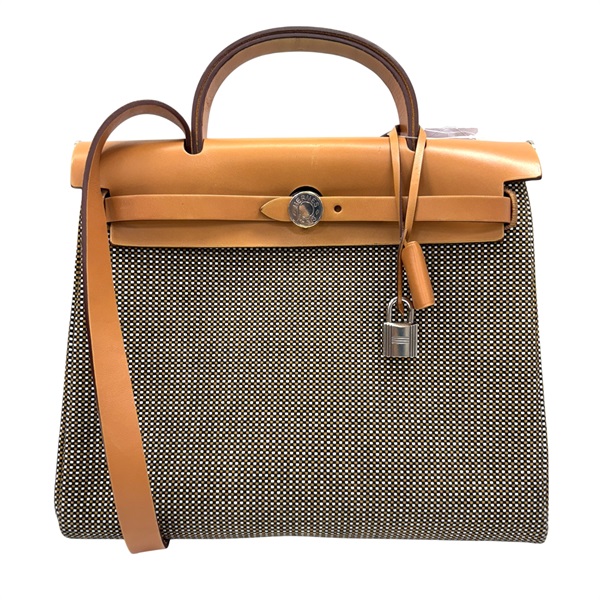 棕色 帆布 牛皮 Toile Vache hunter HerBag 31 【HERMES 愛馬仕】