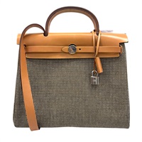 棕色 帆布 牛皮 Toile Vache hunter HerBag 31 【HERMES 愛馬仕】