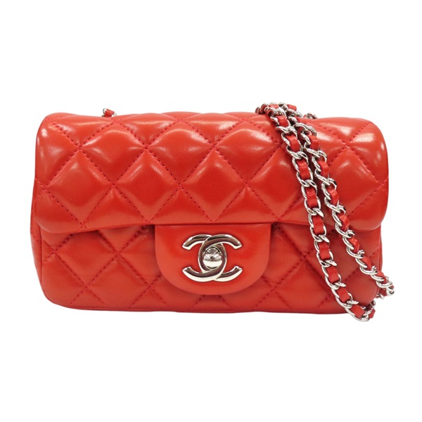 紅色 菱格紋羊皮 Extra Mini Coco 17 銀色鏈帶 肩背包【CHANEL 香奈兒】 A65050