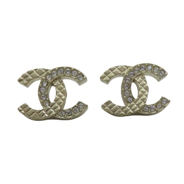 金色金屬 格紋 水晶 雙C 耳環【CHANEL 香奈兒】