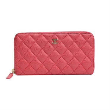 桃紅色 菱格紋 牛皮 拉鍊 長夾 AP0242【CHANEL 香奈兒】 AP0242