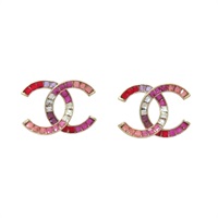 金色金屬 粉色系水晶 雙C 耳環【CHANEL 香奈兒】