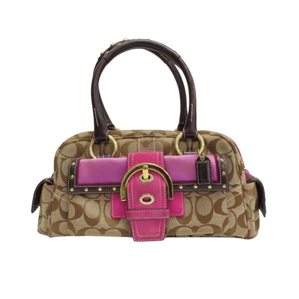 棕色 帆布 粉色牛皮 麂皮 手提包【COACH 寇馳】