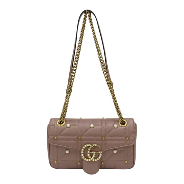 藕粉色 牛皮 珍珠 鉚釘 GG Marmont 肩背包【GUCCI 古馳】 443497