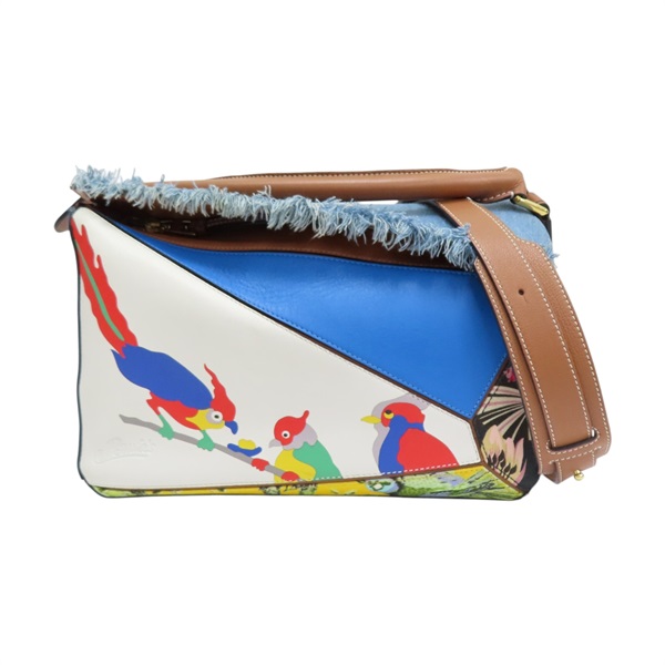 藍/棕色 丹寧 牛皮 Puzzle 10 Paula's Ibiza Parrot 兩用包【LOEWE 羅威】 370.99.K74