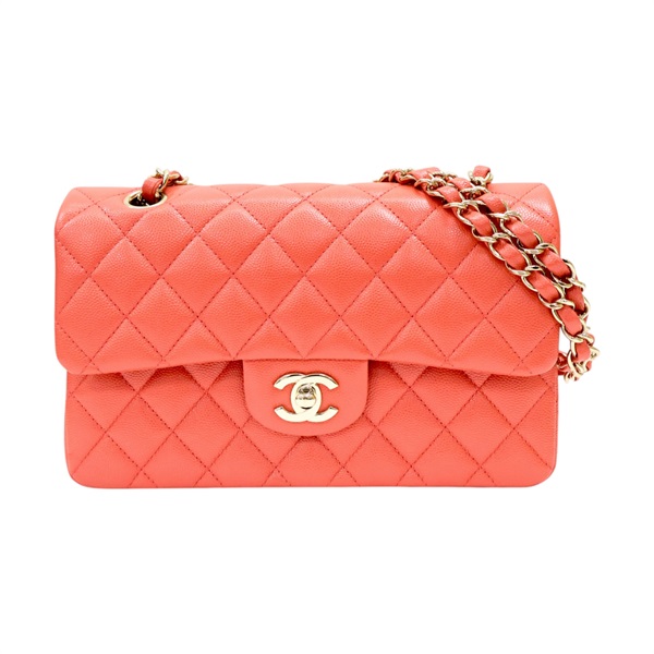 橘紅色 COCO23 菱格紋 荔枝牛皮 鍊帶肩背包 金釦【CHANEL 香奈兒】 A01113