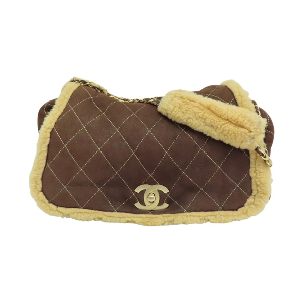 棕色 羊毛 手風琴翻蓋包 肩背包 金釦【CHANEL 香奈兒】