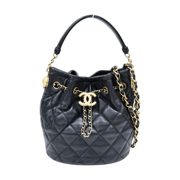 黑色 菱格紋 牛皮 CC Drawstring 水桶包 兩用包【CHANEL 香奈兒】 AS2057