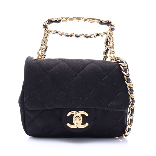 黑色 菱格紋 緞面 Mini Logo Flap 鍊帶 肩背包【CHANEL 香奈兒】 AS3748