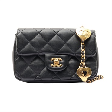 黑色 菱格紋 羊皮 Mini Coco 愛心鍊帶 肩背包 金釦【CHANEL 香奈兒】 AS3456