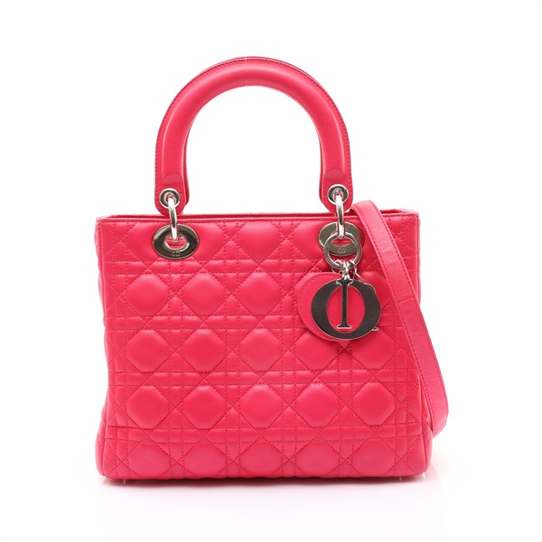 Medium Lady Dior 兩用包 桃紅色 Cannage 藤格紋 牛皮 銀釦【Dior 迪奧 】 M0565ONGE