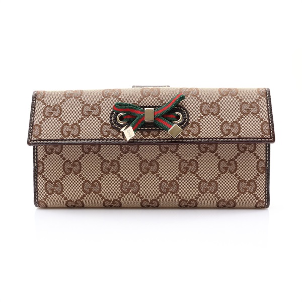 烏木色帆布 棕色牛皮 釦式長夾【GUCCI 古馳】 167464