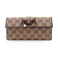 烏木色帆布 棕色牛皮 釦式長夾【GUCCI 古馳】 167464