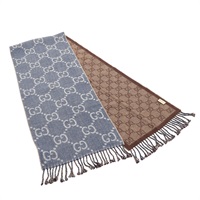 GUCCI 古馳 GG Jacquard Knit 圍巾 棕/藍色 羊毛 676610