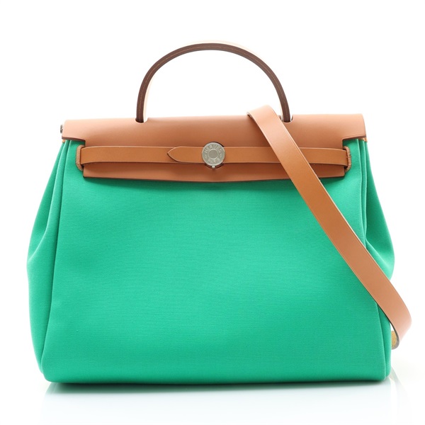 HERMES 愛馬仕 Herbag Zip 31 兩用包 薄荷綠/阿茲特克藍色 帆布 Vache Hunter牛皮 Z刻 銀扣