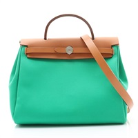 HERMES 愛馬仕 Herbag Zip 31 兩用包 薄荷綠/阿茲特克藍色 帆布 Vache Hunter牛皮 Z刻 銀扣