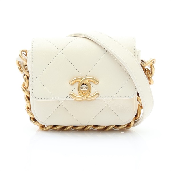 CHANEL 香奈兒 Mini Flap 鍊帶肩背包 白色 菱格紋 牛皮 金釦 AS2833