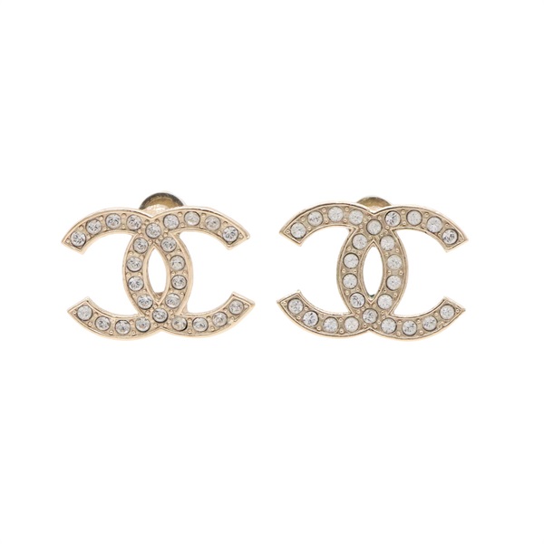 CHANEL 香奈兒 CC logo 針式耳環 金色鍍金 水鑽 ABE100