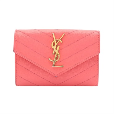 SAINT LAURENT YSL 聖羅蘭 Cassandre 小型信封短夾 粉紅荔枝紋牛皮 414404