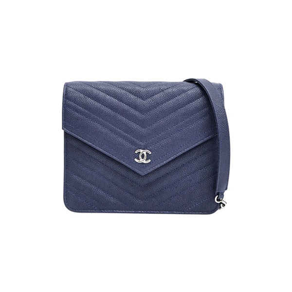藍色牛皮 人字紋 鍊帶 肩背包【CHANEL 香奈兒】 A84350