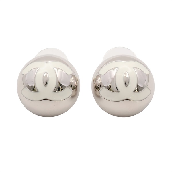 CHANEL 香奈兒 針式耳環 金屬 銀半球白雙C  ABE810