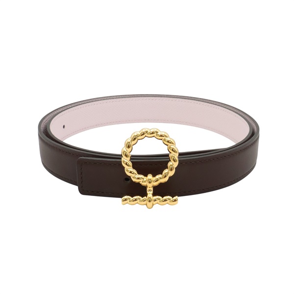 HERMES 愛馬仕 Flot Godronne 皮帶 棕/粉色 Swift/Epsom 牛皮 W刻