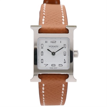 HERMES 愛馬仕 Heure H 21 mm 迷你 石英錶 白色錶面 棕色Epsom牛皮錶帶 HH1.110