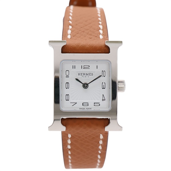 HERMES 愛馬仕 Heure H 21 mm 迷你 石英錶 白色錶面 棕色Epsom牛皮錶帶 HH1.110