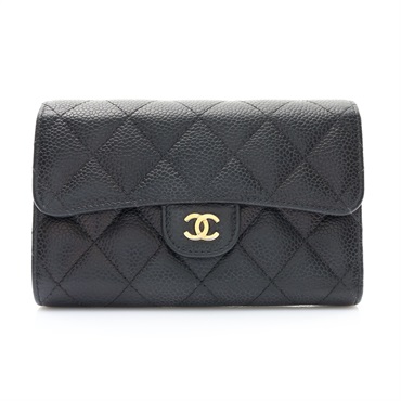 CHANEL 香奈兒 三折中夾 黑色 荔枝紋 牛皮 金扣 變色 AP0232