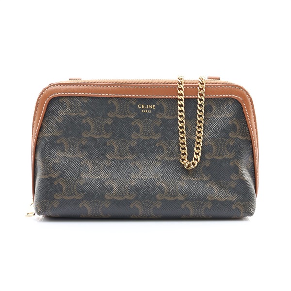 CELINE 賽琳 Clutch on Chain 肩背包 棕色 Triomphe 帆布 羊皮 10E382CBX.04LU