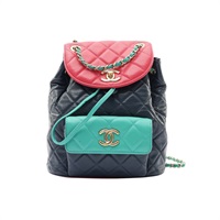 CHANEL 香奈兒 Duma Drawstring 後背包 藍/粉/綠色 荔枝紋牛皮 金扣 無卡