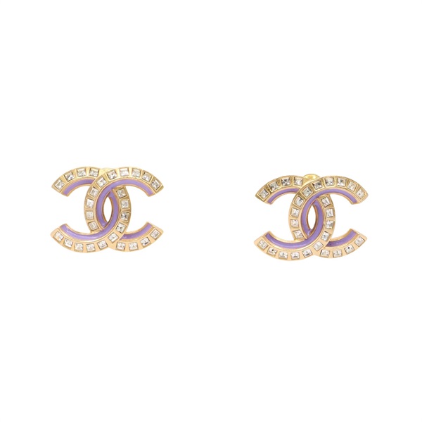 CHANEL 香奈兒 CC 水鑽 耳環 紫色琺瑯 金色金屬