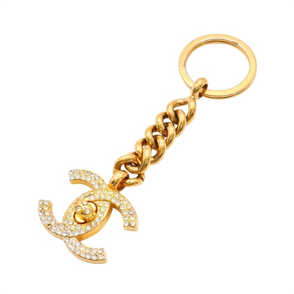 CHANEL 香奈兒 CC 旋轉扣 鑰匙圈 金色鍍金 掉鑽