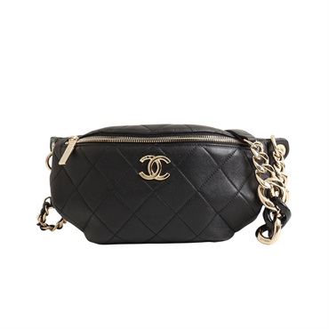CHANEL 香奈兒 腰包 黑色 菱格紋 羊皮 金扣 (無卡)