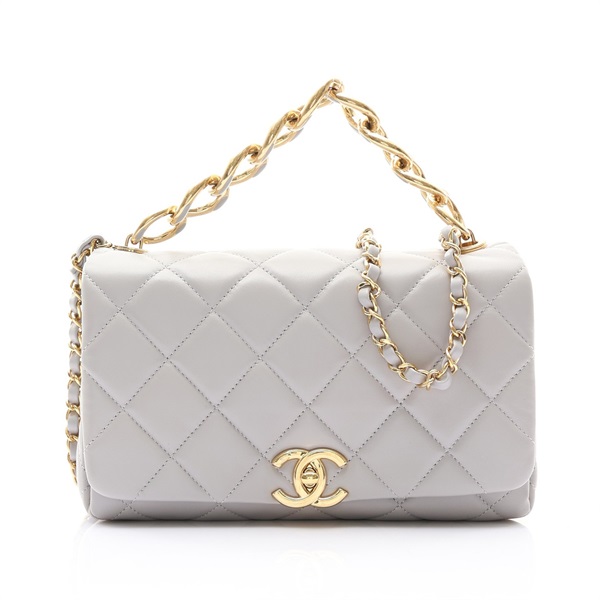 CHANEL 香奈兒 Mini Flag 鍊帶 肩背包 淺灰色 菱格紋羊皮 金釦 AS3367