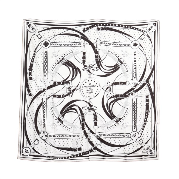 HERMES 愛馬仕 La Promenade du Matin Bandana 140 雙面方巾 黑/白/棕色 絲綢 H923986S 16